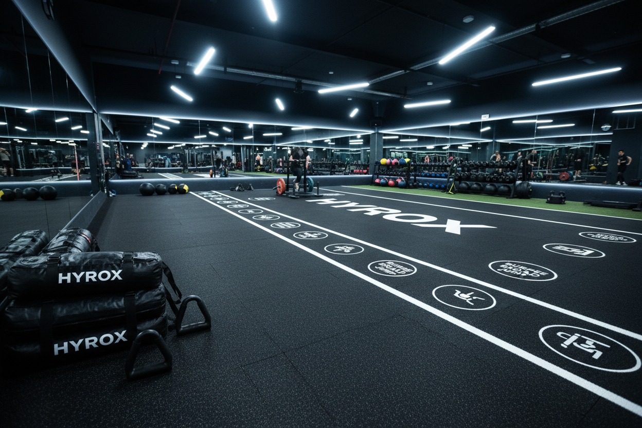Gimnasio moderno con suelo negro marcado para entrenamiento Hyrox, sacos de peso en primer plano y espejos en las paredes.