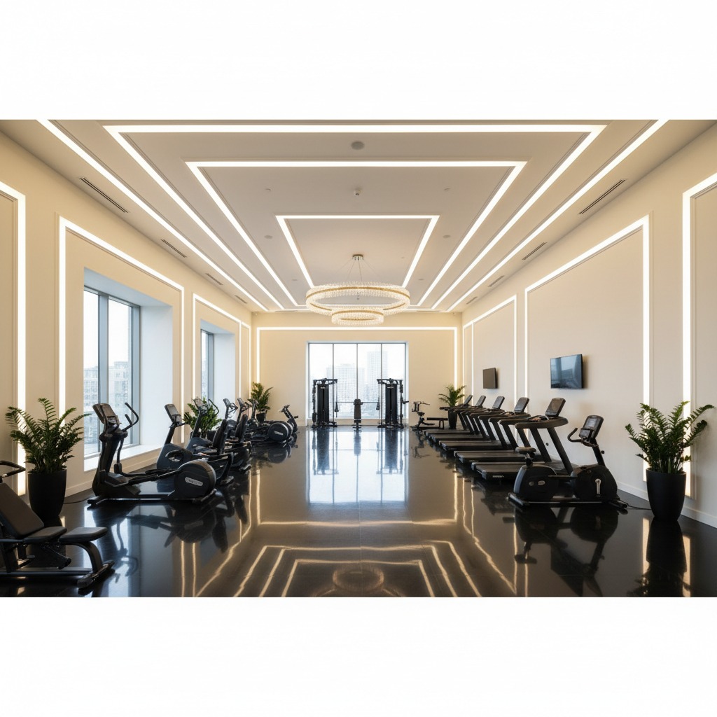 Gimnasio moderno y espacioso con suelos brillantes, máquinas de ejercicio alineadas y una lámpara de araña central bajo un techo con iluminación lineal.